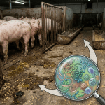Pig farm with dirt floor and a magnified view of various pathogens including bacteria and parasites